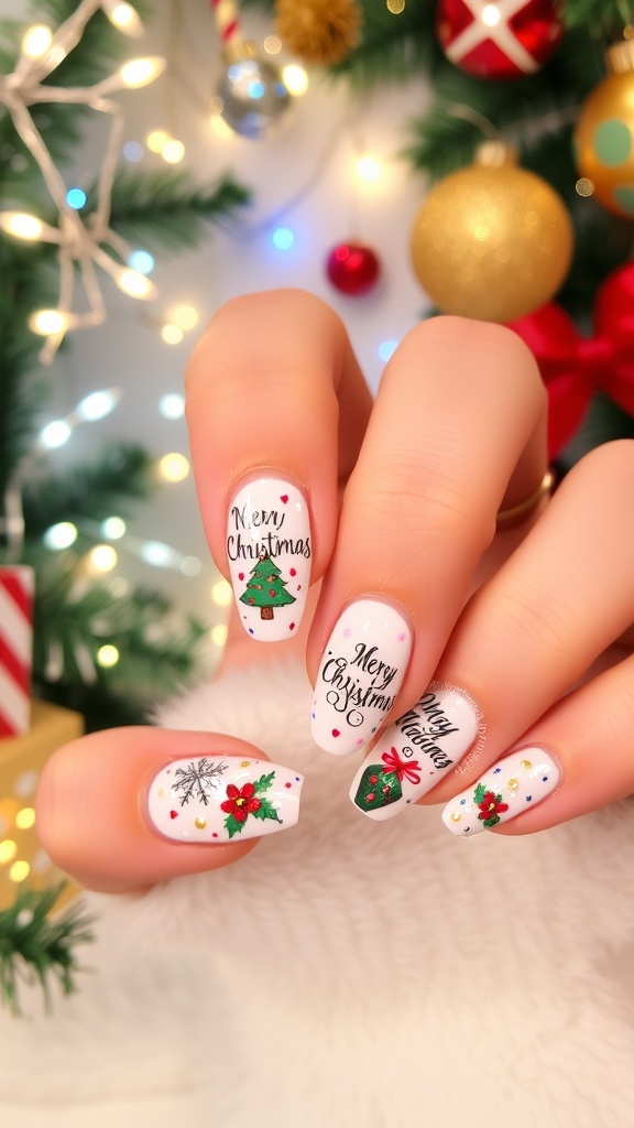 Nail art with Christmas designs including snowflakes and trees, with quotes in elegant script.